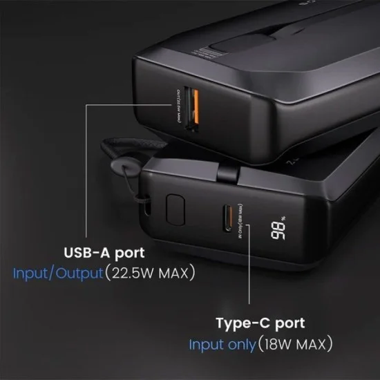 Zlos 10000mAh Mini Power Bank With Built-In USB-C And Lightning Cables - Black